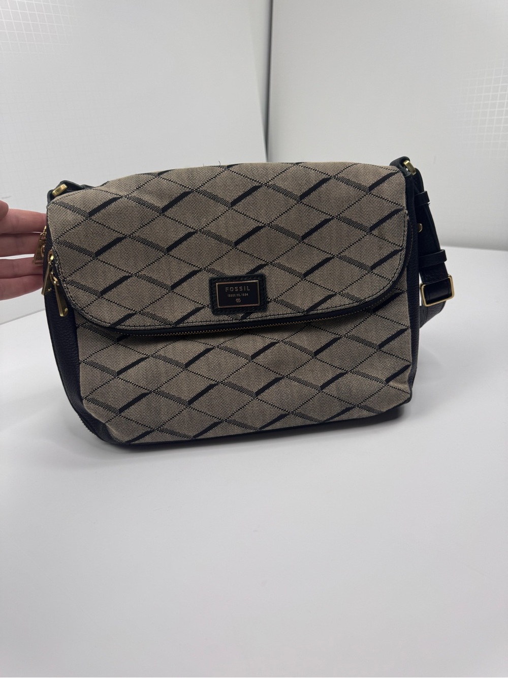 Fossil Beige and Black Patterned Crossbody Bag